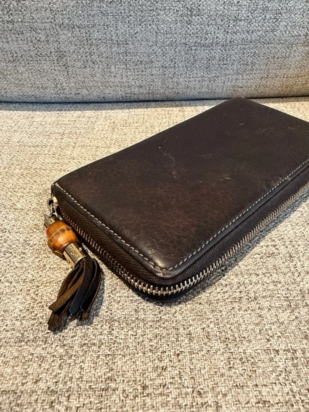 GUCCI Bamboo Tassel Ssima GG Logo Leather Zip Around Long Wallet - Picture 5 of 14